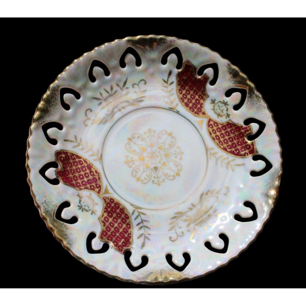 Royal Sealy Vintage Gold & Red Tea Cup & Saucer Set Intricate Cutout Design Perf - Picture 4 of 10